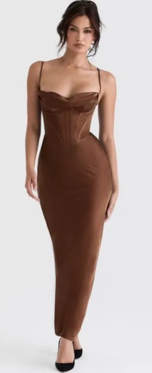 House of CB Brown Satin Corset Maxi Dress XS thumbnail 1