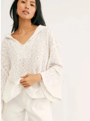 Free People Baja Babe Summer Pullover Hooded Sweater White Yellow M OB1128305 thumbnail 6