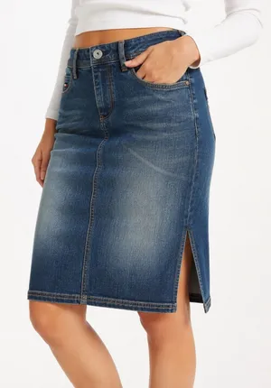 Tommy Hilfiger Women's Denim Midi Skirt Blue 0 Pencil Stretch Y2K Distressed thumbnail 1