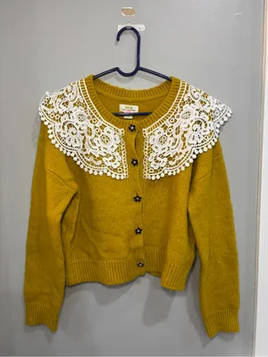 RARE Anthropologie Maeve Mustard Yellow Lace Collar Cardigan Sweater Size M thumbnail 14