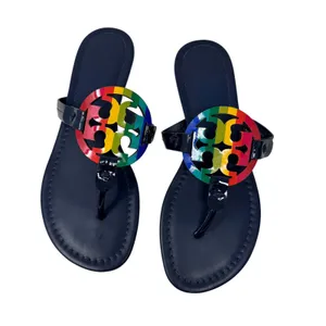 Tory Burch Rainbow Pride Miller Sandals Navy Blue Leather Thong Flat Slides 7M thumbnail 2