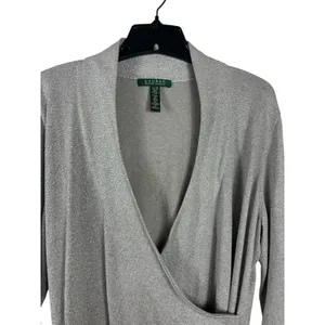 Lauren Ralph Lauren Faux Wrap Silver Shimmer Silk Blend Long Sleeve Sweater XL thumbnail 2
