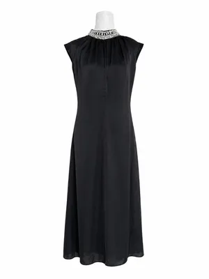 MISA Los Angeles Kira Black‎ Satin Midi Dress Crystal Embellished Neck Medium thumbnail 2