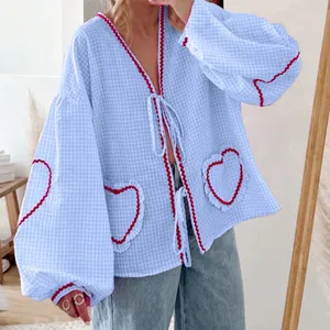 Med. Light Blue Med Gingham Long Sleeve Tie-Front Top with Red Heart Trim thumbnail 1