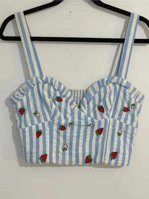 Maeve Blue-and-White Striped Cropped Tank with Strawberry Embroidery thumbnail 4