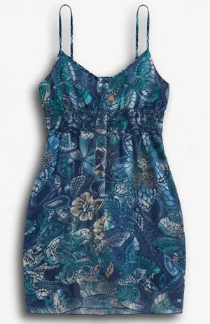 Sam & Max‎ Blue Teal Floral Paisley Smocked Empire Waist Mini Dress Large thumbnail 1