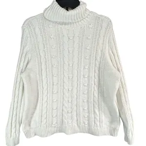 Lands End Sweater‎ Womens L Petite Cream Cable Knit Fisherman Turtleneck Cozy thumbnail 1
