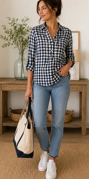 Tommy Hilfiger Gingham Plaid Cotton Flannel Button Down Shirt S Cottage Western thumbnail 1