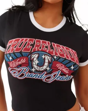 True Religion Ringer Baby Tee with Crystal Logo Black Small NWOT thumbnail 1