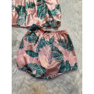 Women's Sz Medium Pajama Set Sleeveless Light Pink Green Palm Print Satin V-Neck thumbnail 6