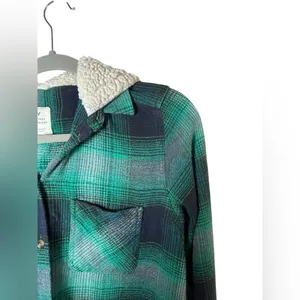 American Eagle Vintage Boyfriend Plaid Hooded Shirt Jacket Green/Navy‎ Size S thumbnail 5