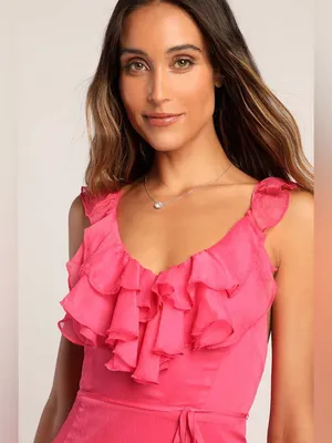 Lulus Enchanting Elegance Hot Pink Ruffled High-Low Maxi Dress Size Medium thumbnail 2