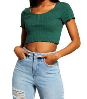 NWT bp Dark Green Pointelle Rib Cropped Short Sleeved Henley - Size: 3X thumbnail 1