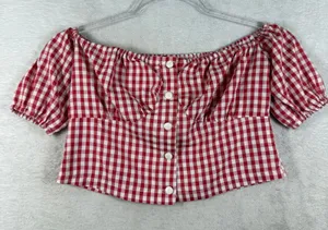 PrettyLittleThing Red White Gingham Off Shoulder Crop Top Button Front Size 2 thumbnail 1