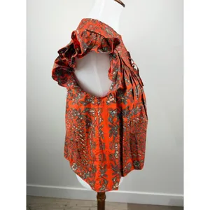 Ulla Johnson Kosta Top Printed V-Neck Blouse Ruffle Flutter Sleeve Orange XS 0 thumbnail 10