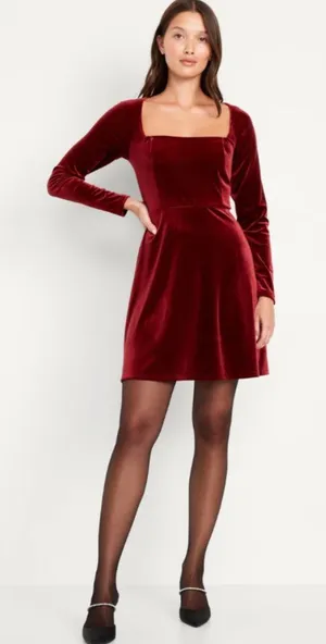 Old Navy Fit & Flare Velvet Mini Dress Scarlet Fire Red Long Sleeve NEW thumbnail 1