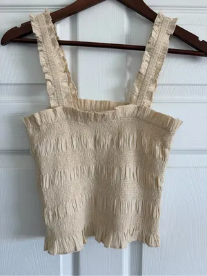 ASTR The Label Twiggy Smocked Ruffle Strap Crop Top Cream M thumbnail 2