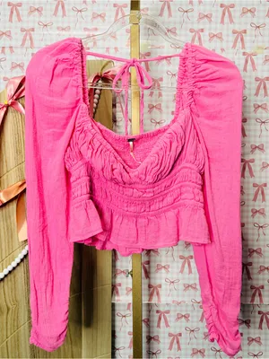 Free People Chloe Top Barbie Pink Smock Ruched Juliet Ruffle Top XS Summer Cutie thumbnail 1
