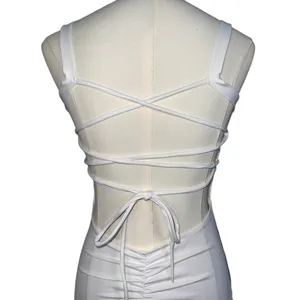 NWOT Halara White Ruched Lace Up Open Back Bodycon Pencil Maxi Dress Size M thumbnail 6