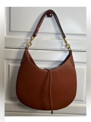 Mango MNG- round Saddle Shoulder tote Bag cognac chestnut Brown, Gold Hardware thumbnail 2