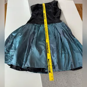 Vintage 80’s Black Teal Satin One Shoulder Prom Dress Sz Small thumbnail 11