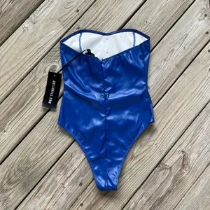 Dolls Kill Trickz N Treatz Women's Blue Vinyl Strapless Bodysuit Size S. NEW! thumbnail 2