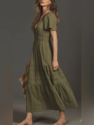 Anthropologie NWT Somerset Tiered Maxi Dress Pockets in Moss Green Size XS NEW thumbnail 13