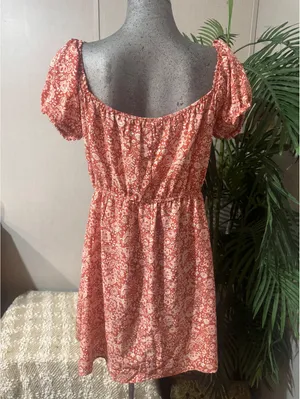 Trixx Short Sleeve Above Knee Mini Dress Red Tan Floral Womens Size L thumbnail 3