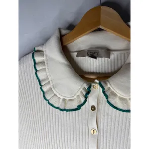 LOFT Womens XL Ribbed Knit Ruffle Peter Pan Collar Button Sweater Cream Green thumbnail 4