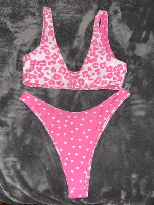 Zaful NWOT Reversible Pink Heart Leopard Print Swimsuit Set thumbnail 4