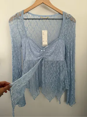 Urban Outfitters Medium NEW Jolene Sheer Lace Babydoll Top Blue Fairy Whimsical thumbnail 7