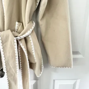 Vici Beige Fleece Scallop White Whipstitch Belted Cardigan Jacket Wrap Large thumbnail 6