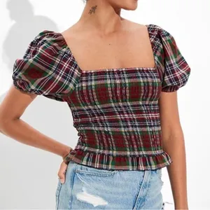 American Eagle Women's Plaid Puff Sleeve‎ Smocked Top Y2K Vibes thumbnail 1