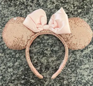 Disney Rose Gold Sequin Minnie Mouse Ears Headband with Pink Bow thumbnail 1