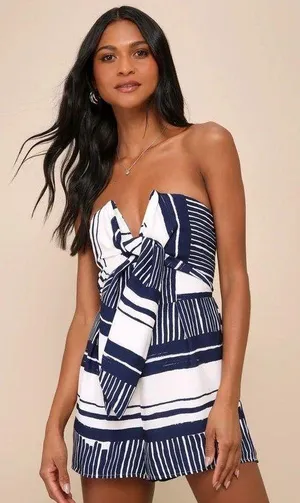 Lulus Delphi Blue and White Striped Tie-Front Strapless Romper thumbnail 1