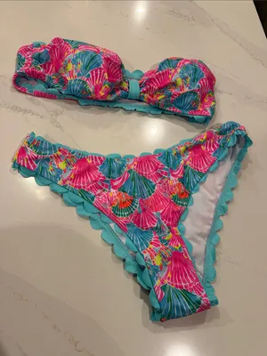 SHEIN XL bright beautiful shell scalloped edge bikini set NEW thumbnail 1