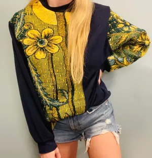 Tapestry blanket sweater Custom reworked floral navy tapestry sweater size large thumbnail 1