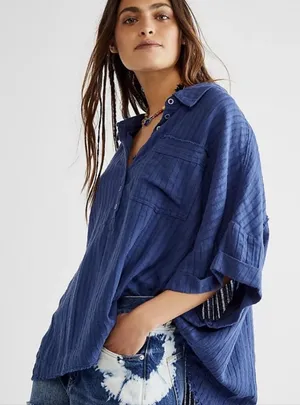 We The Free Ava Oversized Button Front Collared Short Sleeve Top Shaded Lake XS thumbnail 1