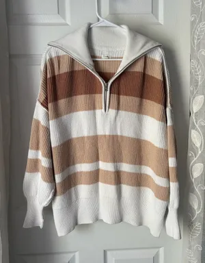 Aerie Beyond Neutral Stripe Knit Oversized Slouchy 1/4 Zip Pullover Sweater S thumbnail 1