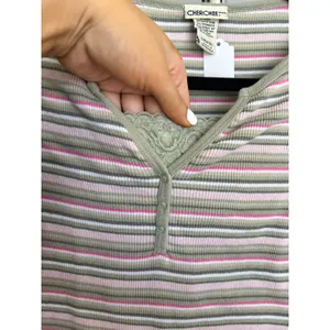 Cherokee Y2K Vintage Baby Tee Striped Henley Lace Trim Ribbed Top Sage Pink L 10/12 thumbnail 2