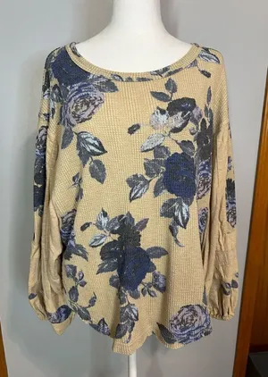 Free People taupe blue floral ballon sleeve‎ thermal XS BIN P thumbnail 1