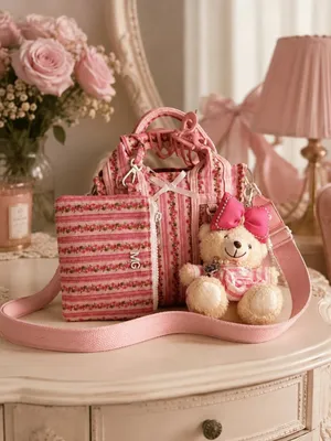 Madden Girl Floral Stripe Mini Tote Teddy Bear Charm Pink Coquette NWT thumbnail 4