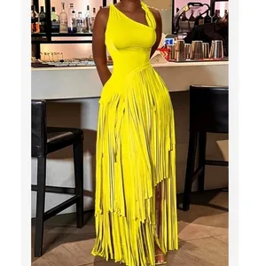 NWT ~ Women's Long Sleeveless Bright Yellow Fringe Maxi Party Dress ~ Size XL thumbnail 2