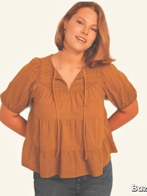 NWT Rust Colored V Neck Puff Sleeve Tiered Boho Peasant Blouse Brown Size M thumbnail 1