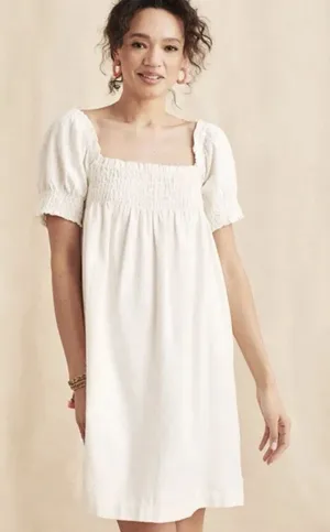 NWT $178 Faherty Organic Cotton Smocked‎ Short Sleeve Ramona Dress White Medium thumbnail 1