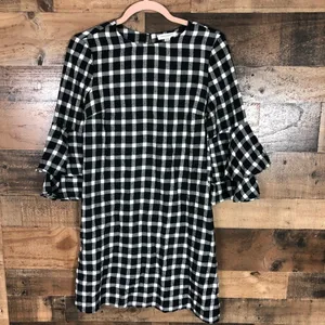 Beachlunchlounge Gingham Ruffle Bell Sleeve Cotton‎ Dress Black White XS TP thumbnail 6