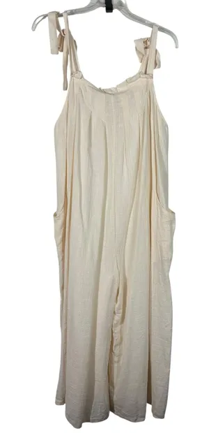 En Crême Beige Tan Cotton Wide Leg Tie Shoulder Jumpsuit Overalls NWT Large L thumbnail 1