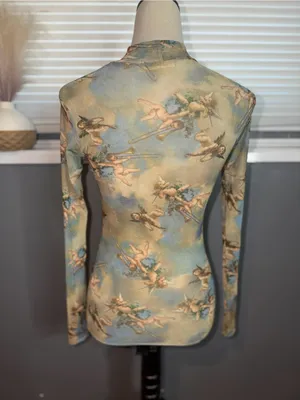 Sweet Lilac XS Cherub Angel Print Sheer Mesh Mock Neck Long Sleeve Top thumbnail 7