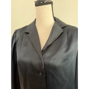 Vintage black satin long-sleeve button-up blouse with a fold-over collar size sm thumbnail 4