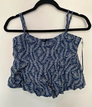 Zara Blue and White Floral Eyelet Cami Bubble Hem Crop Top Size M thumbnail 1